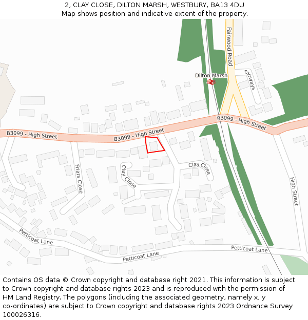 2, CLAY CLOSE, DILTON MARSH, WESTBURY, BA13 4DU: Location map and indicative extent of plot