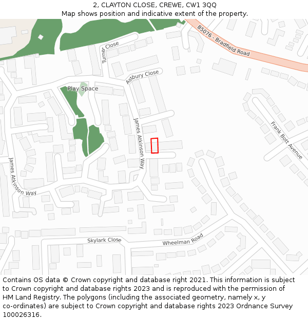 2, CLAYTON CLOSE, CREWE, CW1 3QQ: Location map and indicative extent of plot