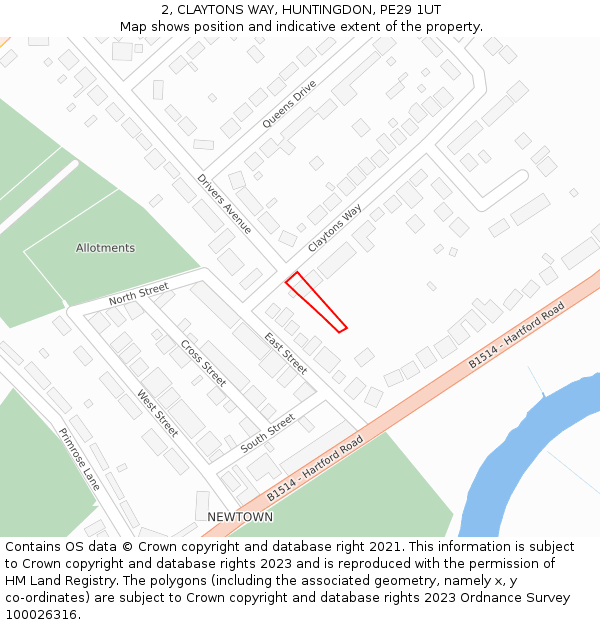 2, CLAYTONS WAY, HUNTINGDON, PE29 1UT: Location map and indicative extent of plot