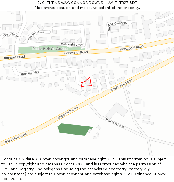 2, CLEMENS WAY, CONNOR DOWNS, HAYLE, TR27 5DE: Location map and indicative extent of plot