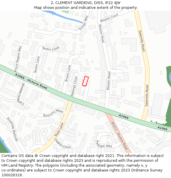 2, CLEMENT GARDENS, DISS, IP22 4JW: Location map and indicative extent of plot