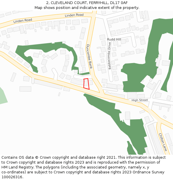 2, CLEVELAND COURT, FERRYHILL, DL17 0AF: Location map and indicative extent of plot