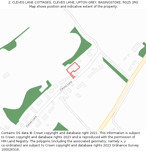 2, CLEVES LANE COTTAGES, CLEVES LANE, UPTON GREY, BASINGSTOKE, RG25 2RG: Location map and indicative extent of plot