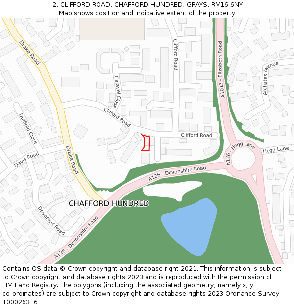 2, CLIFFORD ROAD, CHAFFORD HUNDRED, GRAYS, RM16 6NY: Location map and indicative extent of plot