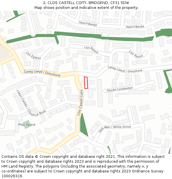 2, CLOS CASTELL COITY, BRIDGEND, CF31 5DW: Location map and indicative extent of plot