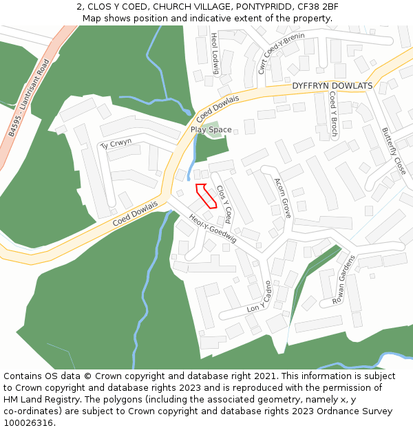 2, CLOS Y COED, CHURCH VILLAGE, PONTYPRIDD, CF38 2BF: Location map and indicative extent of plot