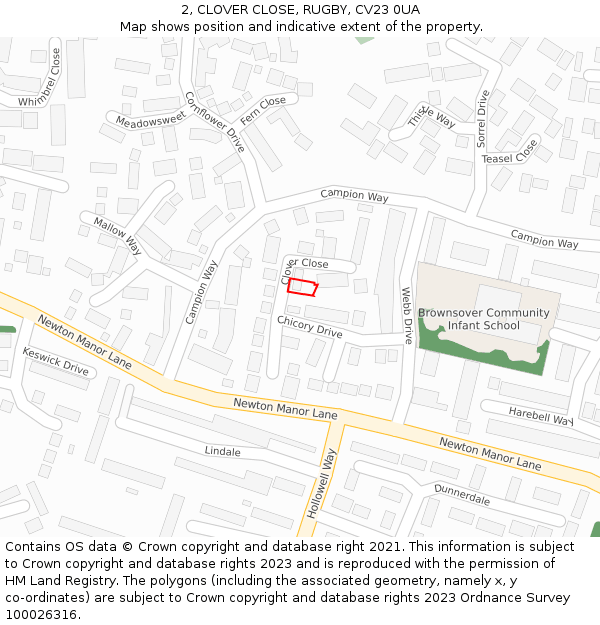 2, CLOVER CLOSE, RUGBY, CV23 0UA: Location map and indicative extent of plot