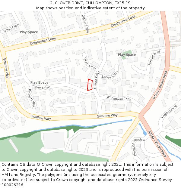 2, CLOVER DRIVE, CULLOMPTON, EX15 1SJ: Location map and indicative extent of plot