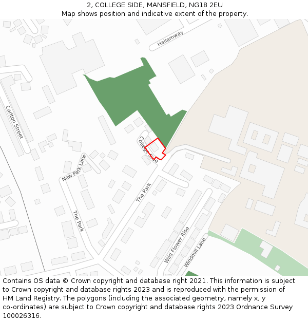2, COLLEGE SIDE, MANSFIELD, NG18 2EU: Location map and indicative extent of plot