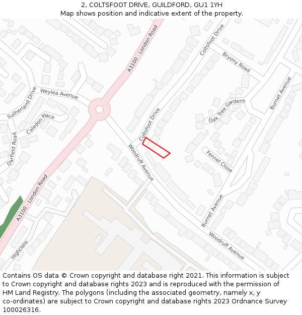 2, COLTSFOOT DRIVE, GUILDFORD, GU1 1YH: Location map and indicative extent of plot