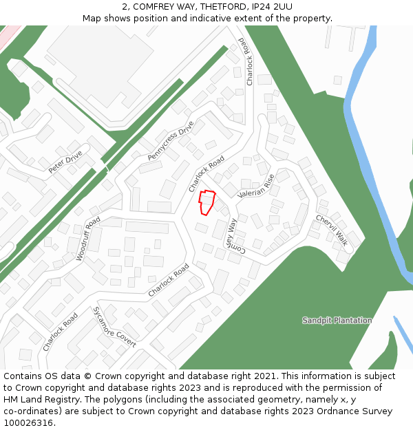 2, COMFREY WAY, THETFORD, IP24 2UU: Location map and indicative extent of plot