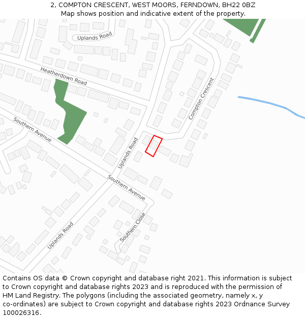 2, COMPTON CRESCENT, WEST MOORS, FERNDOWN, BH22 0BZ: Location map and indicative extent of plot