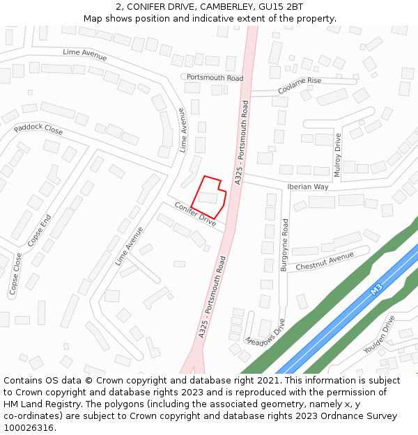 2, CONIFER DRIVE, CAMBERLEY, GU15 2BT: Location map and indicative extent of plot