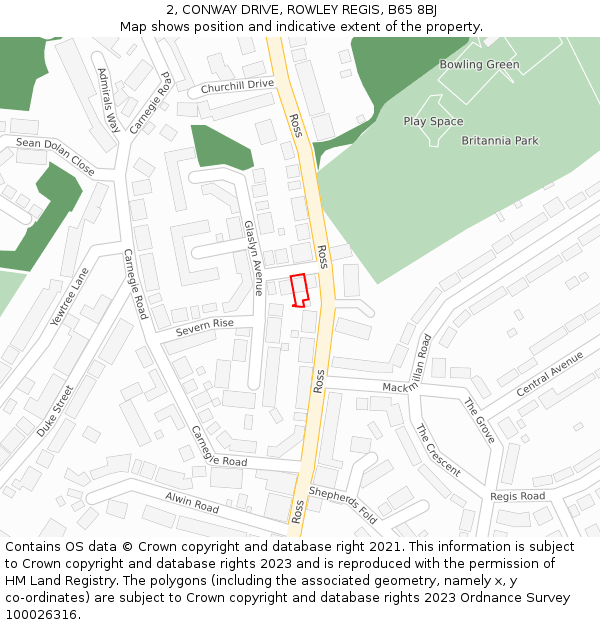 2, CONWAY DRIVE, ROWLEY REGIS, B65 8BJ: Location map and indicative extent of plot