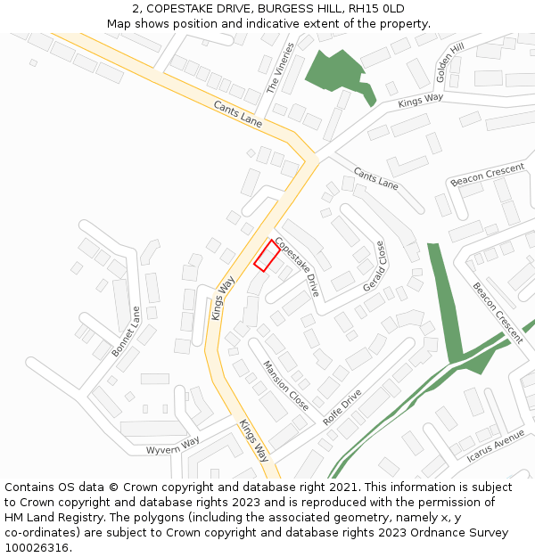 2, COPESTAKE DRIVE, BURGESS HILL, RH15 0LD: Location map and indicative extent of plot