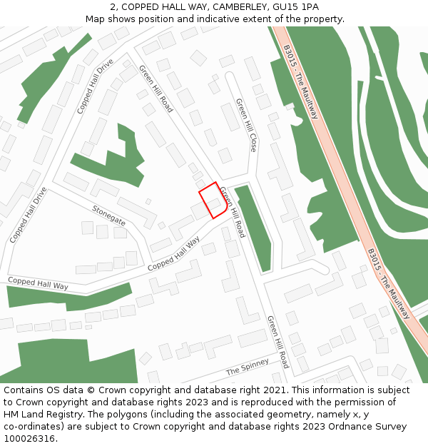 2, COPPED HALL WAY, CAMBERLEY, GU15 1PA: Location map and indicative extent of plot