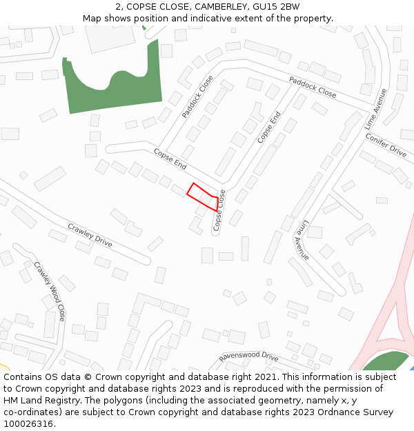 2, COPSE CLOSE, CAMBERLEY, GU15 2BW: Location map and indicative extent of plot