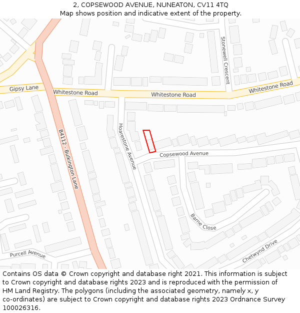 2, COPSEWOOD AVENUE, NUNEATON, CV11 4TQ: Location map and indicative extent of plot