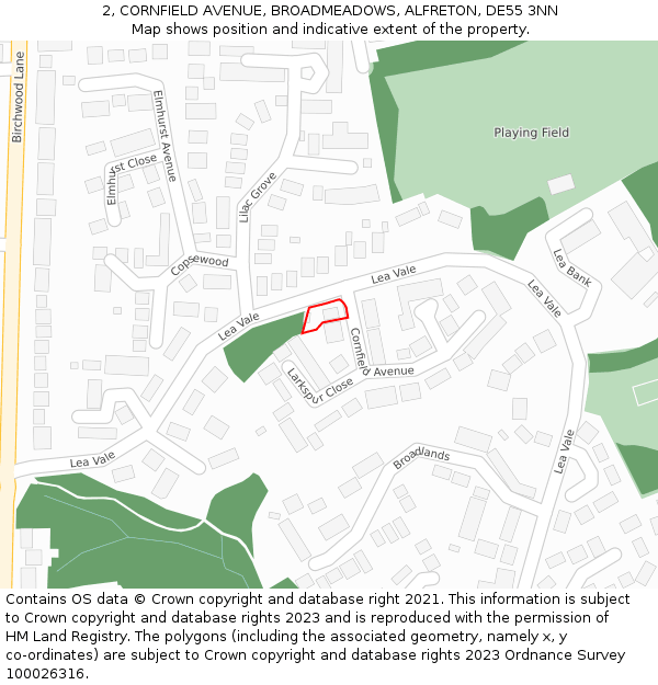 2, CORNFIELD AVENUE, BROADMEADOWS, ALFRETON, DE55 3NN: Location map and indicative extent of plot