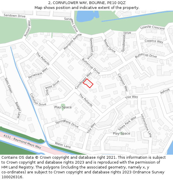 2, CORNFLOWER WAY, BOURNE, PE10 0QZ: Location map and indicative extent of plot