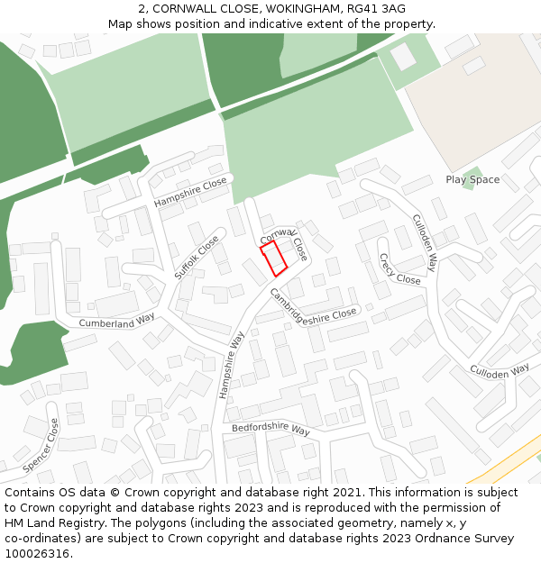 2, CORNWALL CLOSE, WOKINGHAM, RG41 3AG: Location map and indicative extent of plot