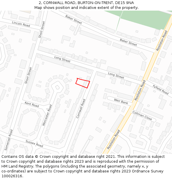 2, CORNWALL ROAD, BURTON-ON-TRENT, DE15 9NA: Location map and indicative extent of plot