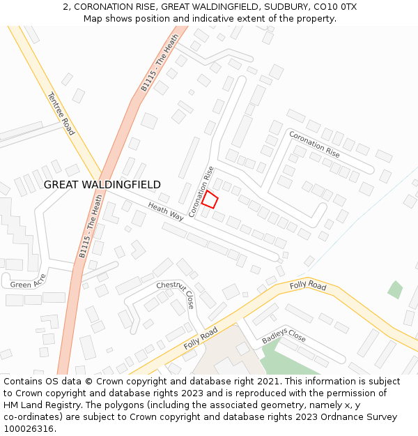 2, CORONATION RISE, GREAT WALDINGFIELD, SUDBURY, CO10 0TX: Location map and indicative extent of plot