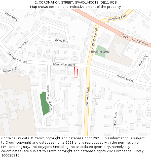 2, CORONATION STREET, SWADLINCOTE, DE11 0QB: Location map and indicative extent of plot
