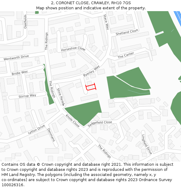 2, CORONET CLOSE, CRAWLEY, RH10 7GS: Location map and indicative extent of plot