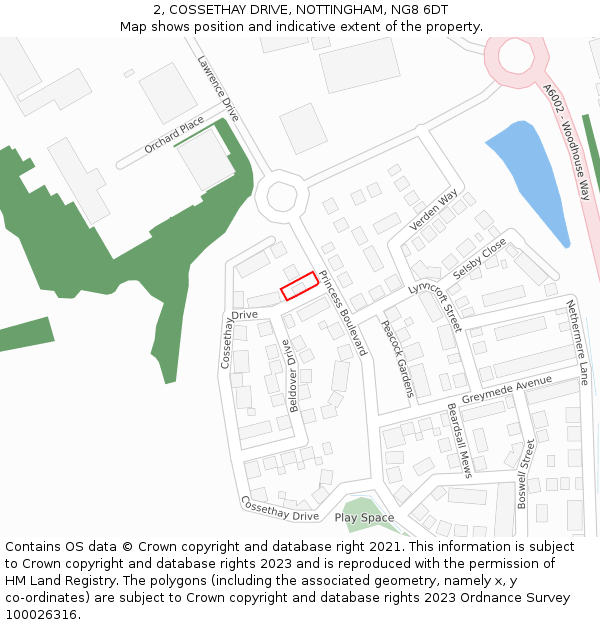 2, COSSETHAY DRIVE, NOTTINGHAM, NG8 6DT: Location map and indicative extent of plot