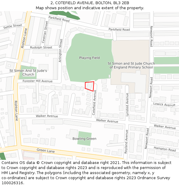 2, COTEFIELD AVENUE, BOLTON, BL3 2EB: Location map and indicative extent of plot