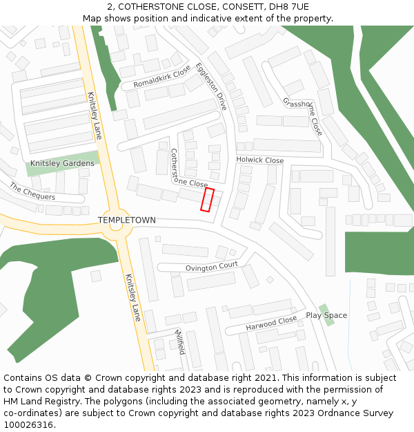2, COTHERSTONE CLOSE, CONSETT, DH8 7UE: Location map and indicative extent of plot
