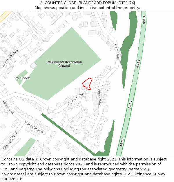 2, COUNTER CLOSE, BLANDFORD FORUM, DT11 7XJ: Location map and indicative extent of plot