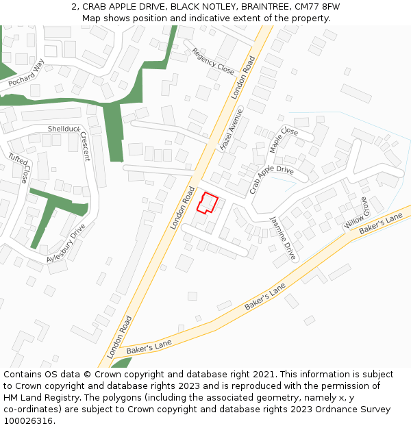 2, CRAB APPLE DRIVE, BLACK NOTLEY, BRAINTREE, CM77 8FW: Location map and indicative extent of plot