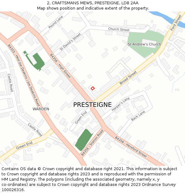 2, CRAFTSMANS MEWS, PRESTEIGNE, LD8 2AA: Location map and indicative extent of plot