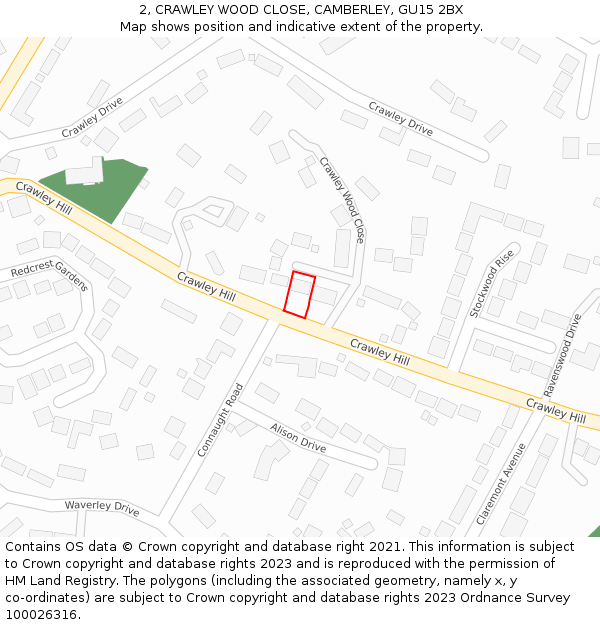 2, CRAWLEY WOOD CLOSE, CAMBERLEY, GU15 2BX: Location map and indicative extent of plot