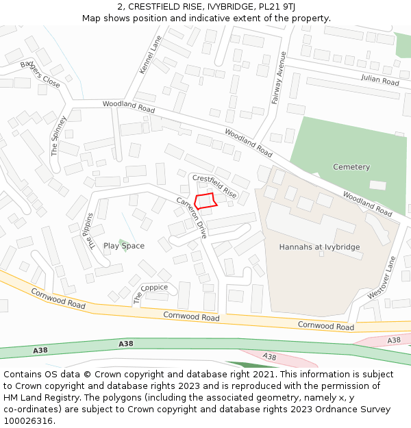 2, CRESTFIELD RISE, IVYBRIDGE, PL21 9TJ: Location map and indicative extent of plot
