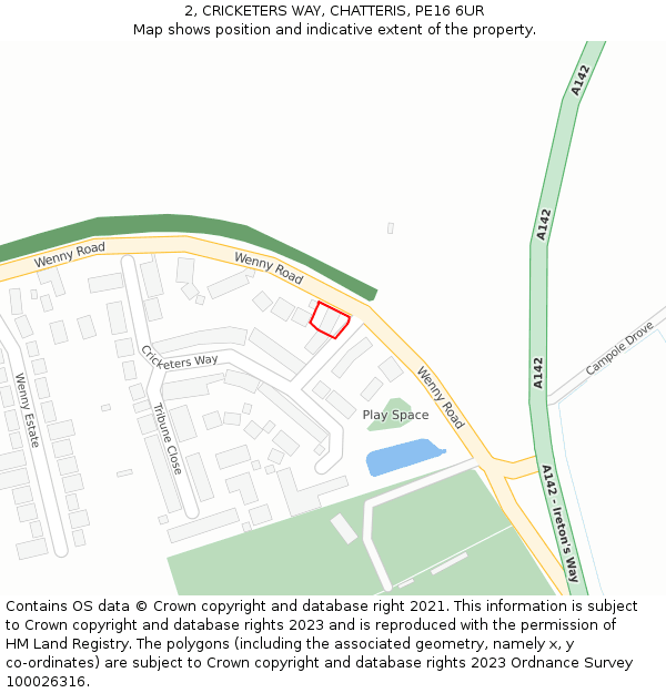 2, CRICKETERS WAY, CHATTERIS, PE16 6UR: Location map and indicative extent of plot