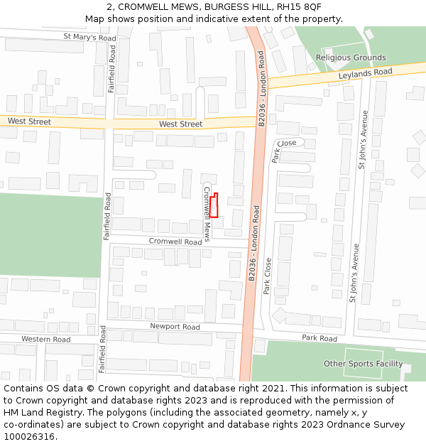 2, CROMWELL MEWS, BURGESS HILL, RH15 8QF: Location map and indicative extent of plot