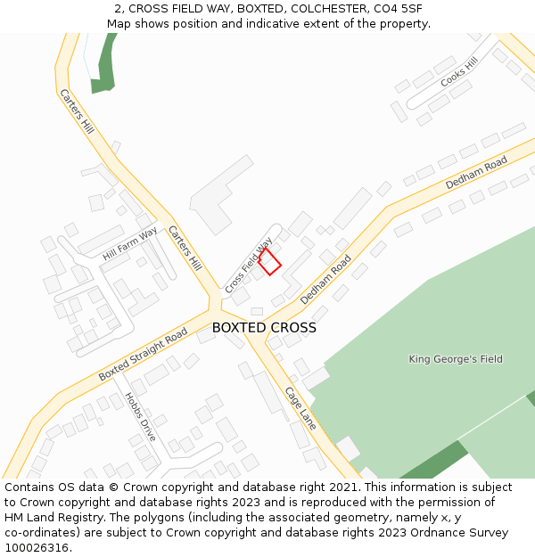 2, CROSS FIELD WAY, BOXTED, COLCHESTER, CO4 5SF: Location map and indicative extent of plot