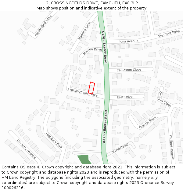 2, CROSSINGFIELDS DRIVE, EXMOUTH, EX8 3LP: Location map and indicative extent of plot