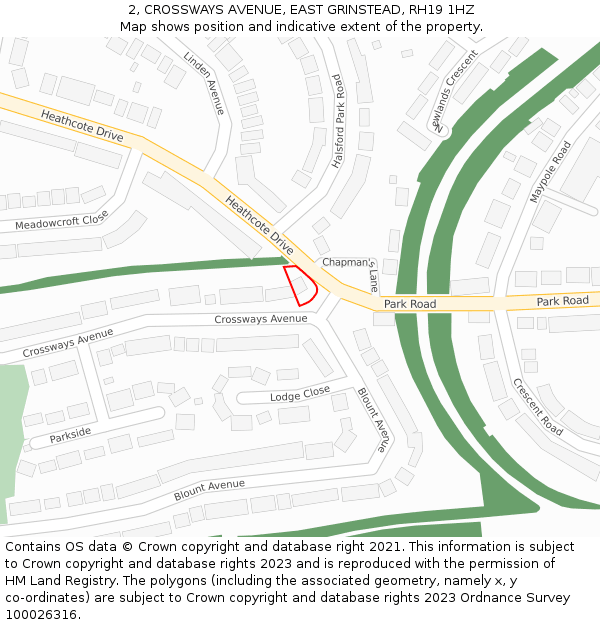 2, CROSSWAYS AVENUE, EAST GRINSTEAD, RH19 1HZ: Location map and indicative extent of plot