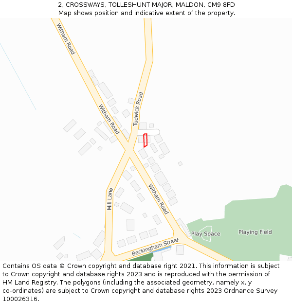 2, CROSSWAYS, TOLLESHUNT MAJOR, MALDON, CM9 8FD: Location map and indicative extent of plot