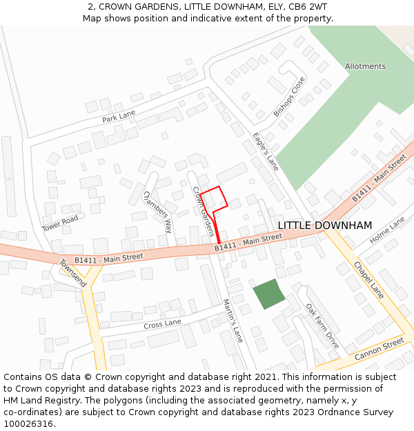 2, CROWN GARDENS, LITTLE DOWNHAM, ELY, CB6 2WT: Location map and indicative extent of plot