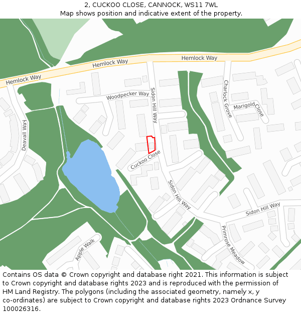 2, CUCKOO CLOSE, CANNOCK, WS11 7WL: Location map and indicative extent of plot
