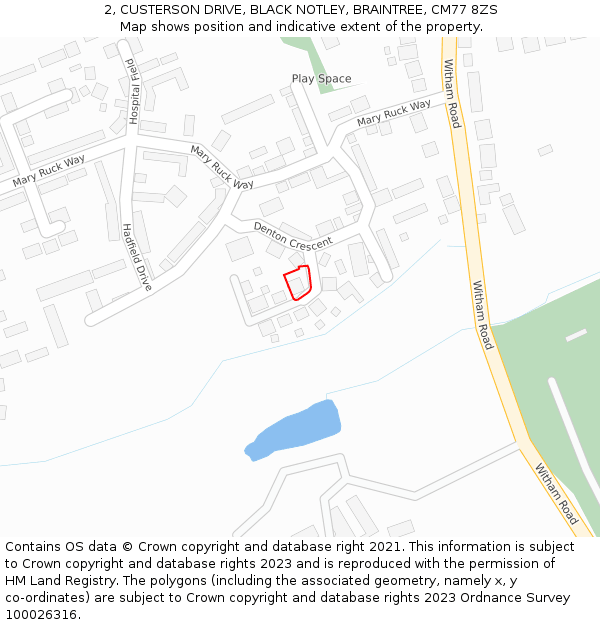 2, CUSTERSON DRIVE, BLACK NOTLEY, BRAINTREE, CM77 8ZS: Location map and indicative extent of plot