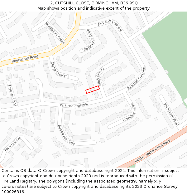 2, CUTSHILL CLOSE, BIRMINGHAM, B36 9SQ: Location map and indicative extent of plot