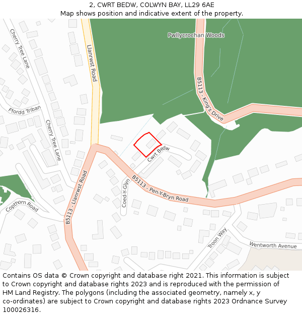 2, CWRT BEDW, COLWYN BAY, LL29 6AE: Location map and indicative extent of plot