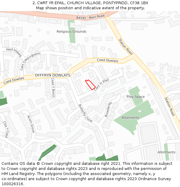 2, CWRT YR EFAIL, CHURCH VILLAGE, PONTYPRIDD, CF38 1BX: Location map and indicative extent of plot