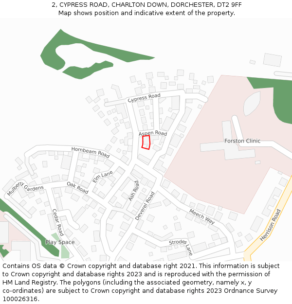 2, CYPRESS ROAD, CHARLTON DOWN, DORCHESTER, DT2 9FF: Location map and indicative extent of plot